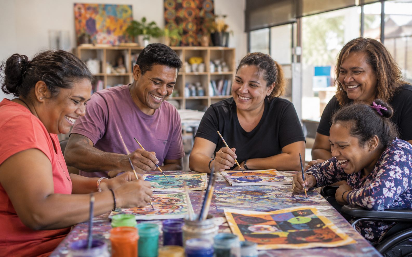 A diverse group enjoying a creative art activity together at a community table